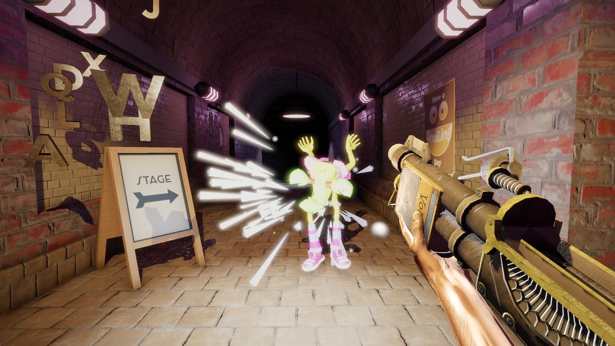 A shot of the player firing the “Novelist,” an improvised shotgun, at a sentient puppet with letters flying out in My Friendly Neighborhood.