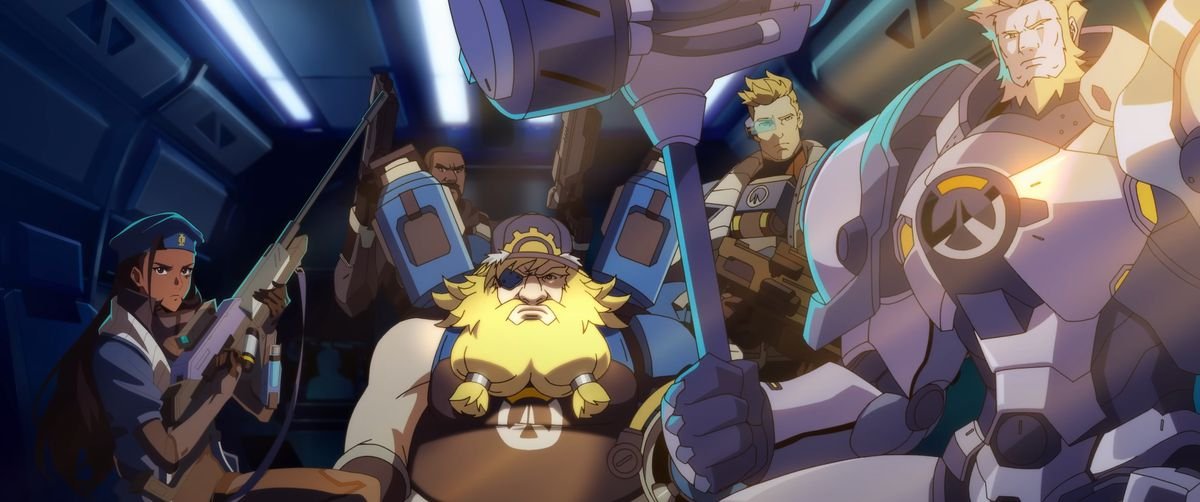 A young Ana, Reinhardt, Soldier 76, and more wait in a dropship in Overwatch: Genesis