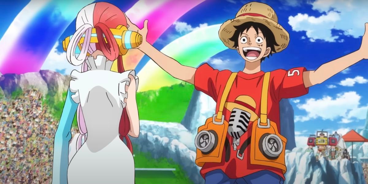 Straw-hat-wearing pirate Luffy, the center of the One Piece anime and manga franchise, greets his old friend Uta with open arms and a hugely open mouth in One Piece Film: Red