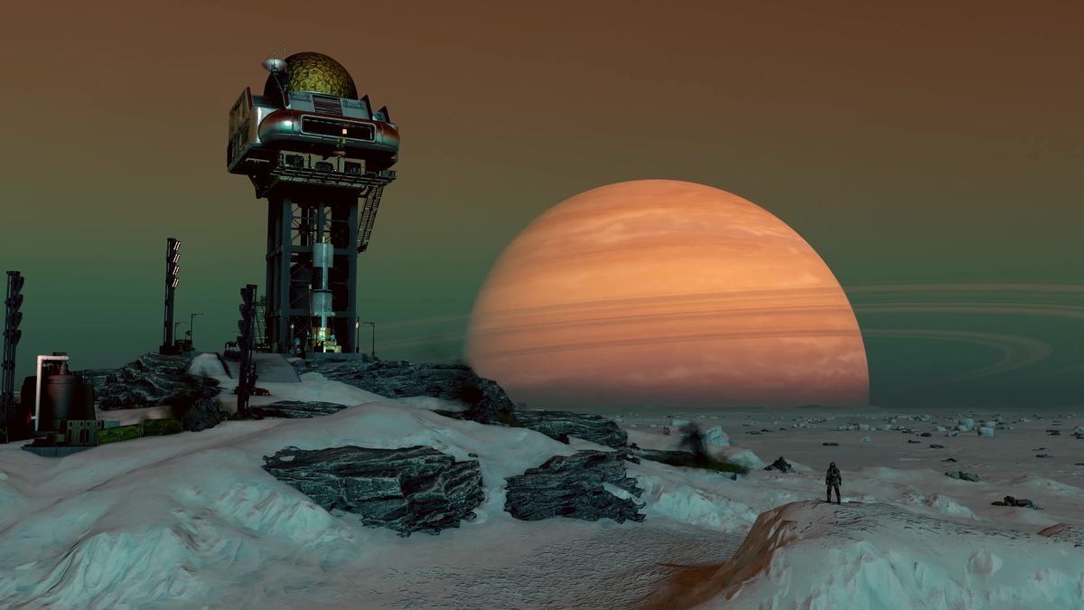 in a screenshot from Starfield, an astronaut — a tiny speck in the bottom right corner of a wide vista — stands on a rock outcropping, looking toward a tower capped by a golden geodesic sphere, with an orange ringed planet looming large in the background