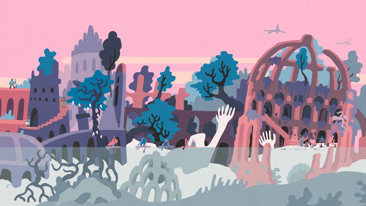 An image showing The Grace. The scene is portrayed in a risograph-esque look that makes the temple look like it’s from a storybook. It has ruins of statues, mangled trees, and it’s overgrown with moss. It’s depicted in a soft pink and blue hues.