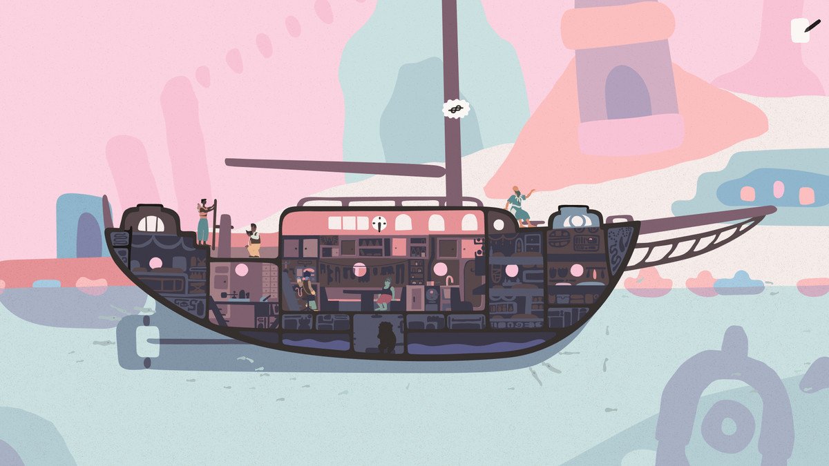 An image showing a boat scene portrayed in a risograph-esque look that makes the temple look like it’s from a storybook. It’s depicted in a soft pink and blue hues.