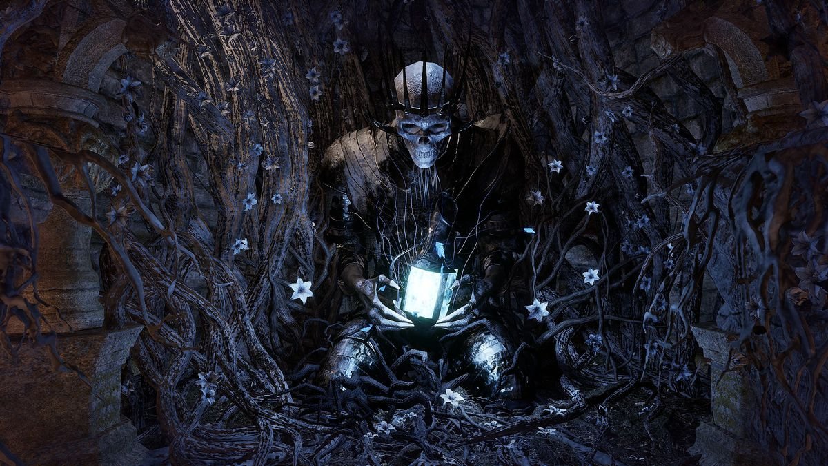 A skeletal figure ensconced in vines clutches a blue lantern