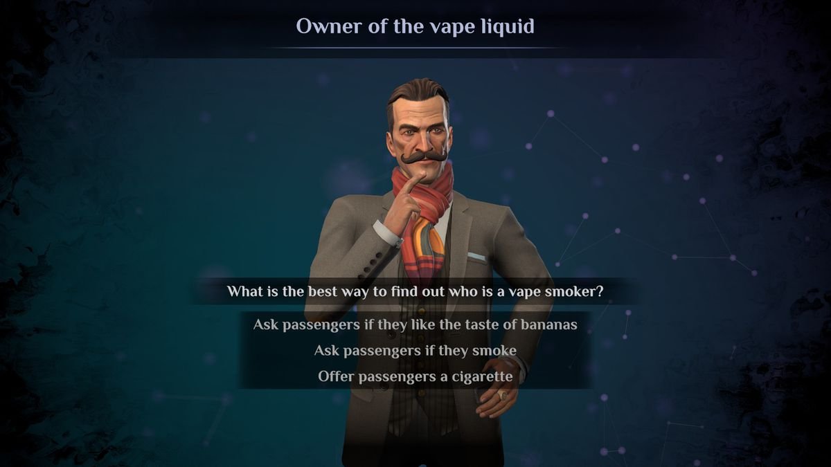 Hercule Poirot contemplates the identity of a vape owner in Murder on the Orient Express