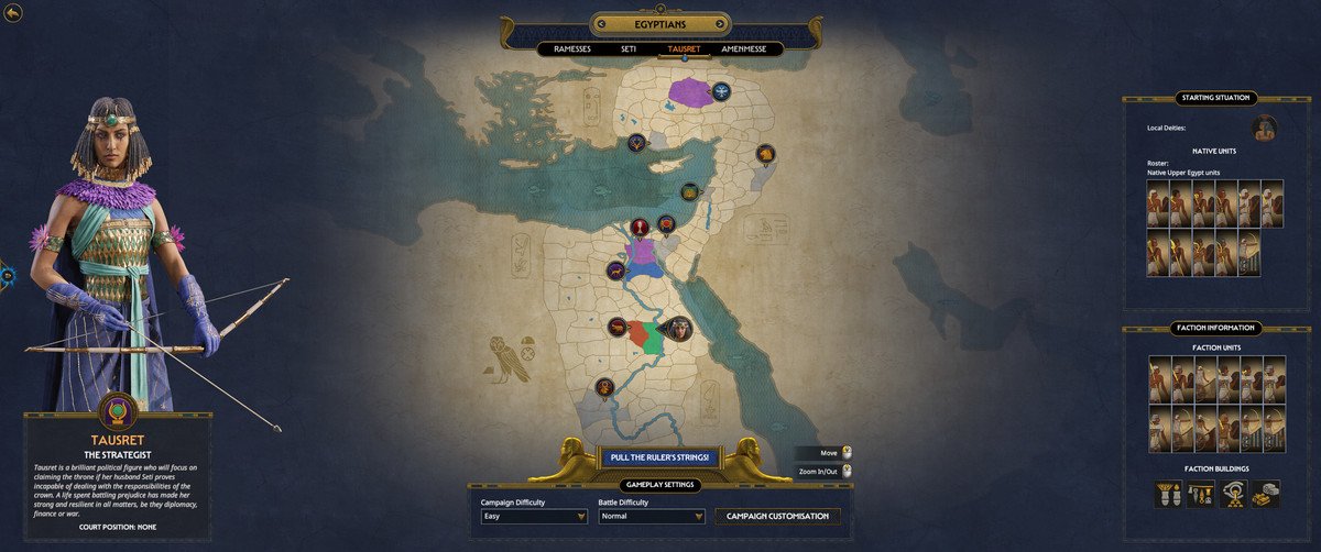 A screenshot of Total War: Pharaoh displaying an overview of the campaign map in the faction select screen