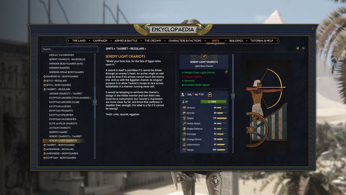 A screenshot of Total War Pharaoh showing the game’s encyclopedia