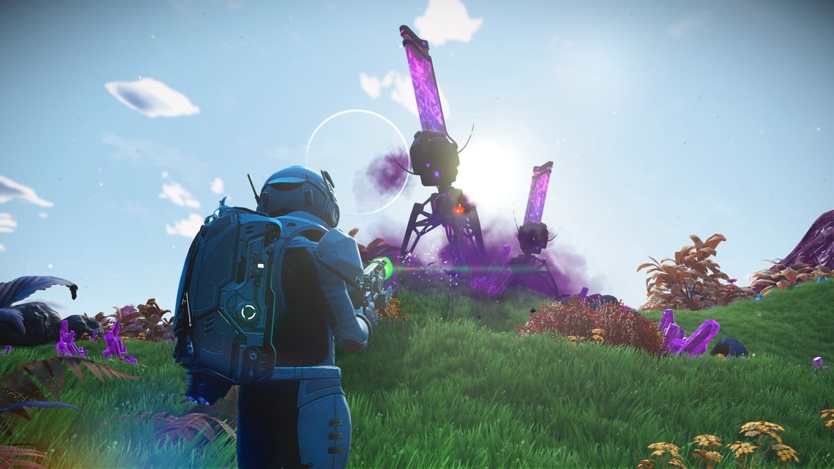 A spacesuit-wearing explorer holds a glowing green tool in their hands, while looking at the horizon where several industrial structures are surrounded by purple dust