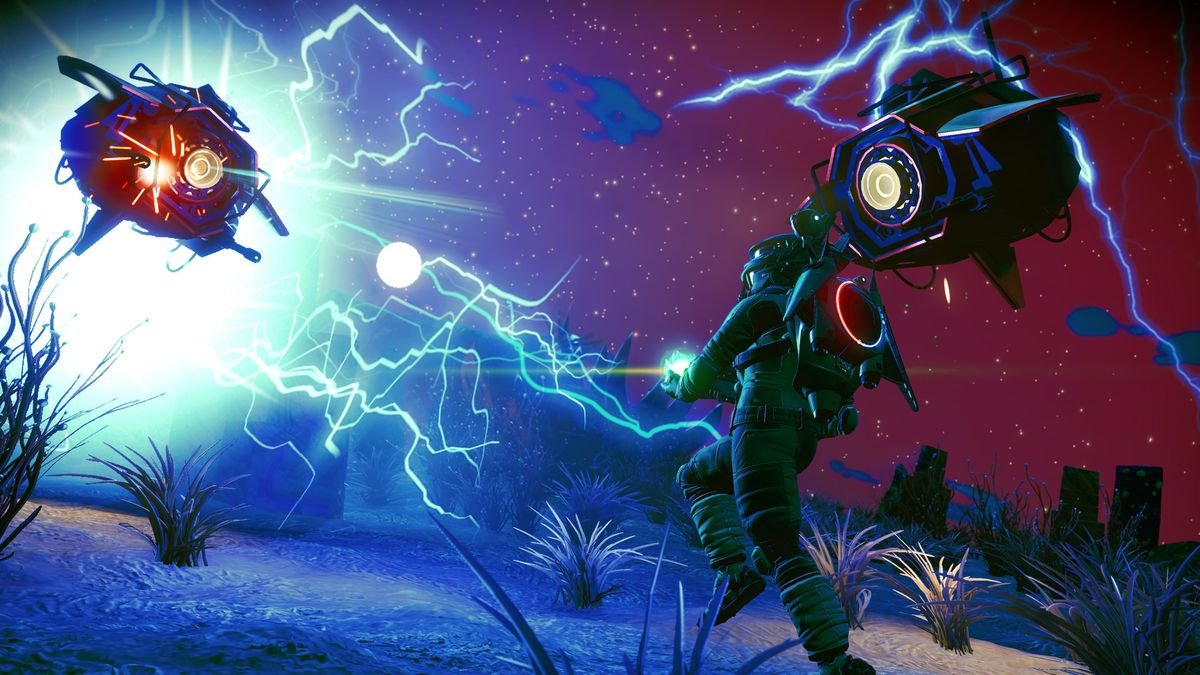 An explorer fires off a beam of lightning at a floating robotic creature in No Man’s Sky