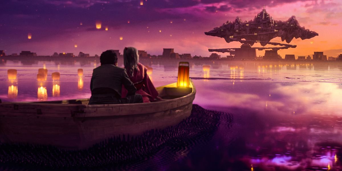 Yusuke on a boat with a guide; they’re both looking at a magical kingdom with a bunch of lanterns around