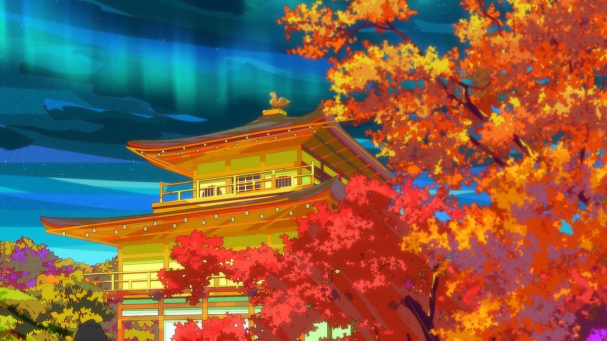 A colorful shot of a castle in Kyoto with autumn trees and beautiful waves of light in the sky in Great Pretender Razbliuto.