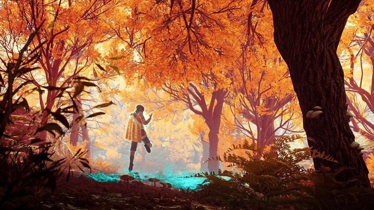 Ghostly Anthea hovers and summons some kind of blue magic in a richly hued fall forest in Banishers: Ghosts of New Eden