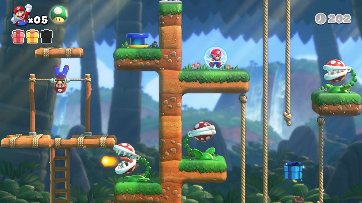 Mario spins on a high bar in a jungle level full of Pirhana Plants
