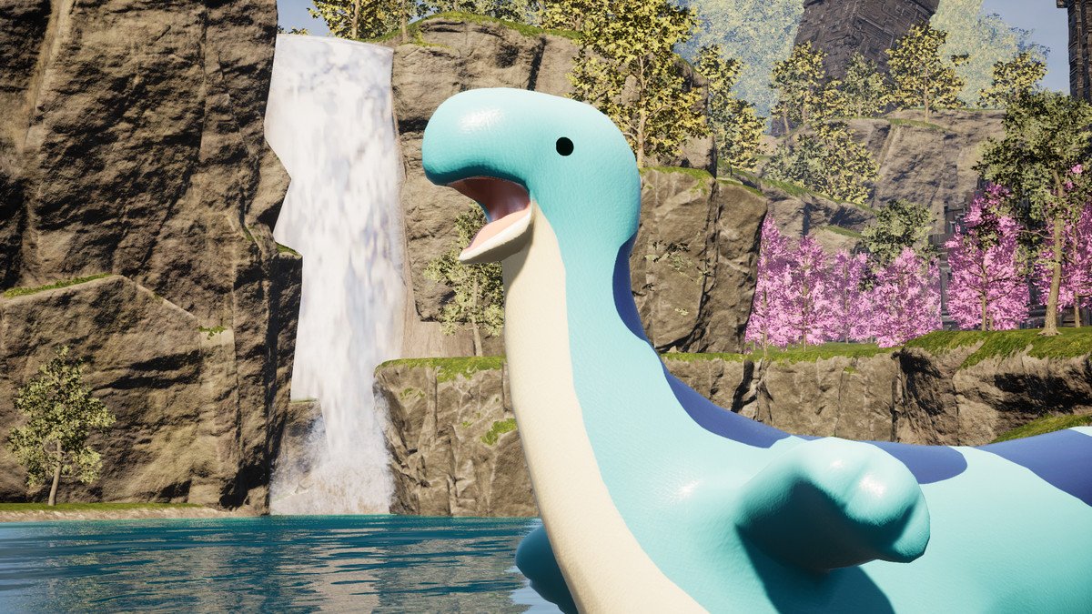 An image of a Relaxaurus Pal in Palworld. It looks like a rubber dinosaur. It looks big, dumb, and cute with its vapid stare.