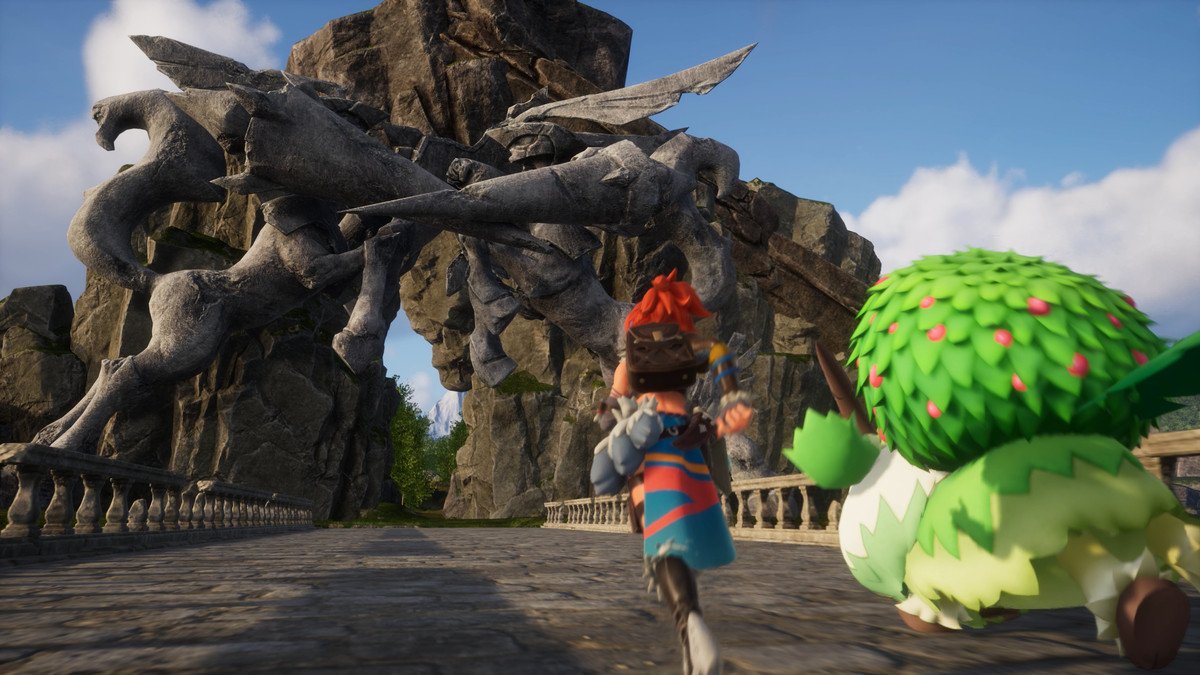 An image of a character in Palworld running across a bridge alongside a Pal that looks like a big round goat covered in leaves.