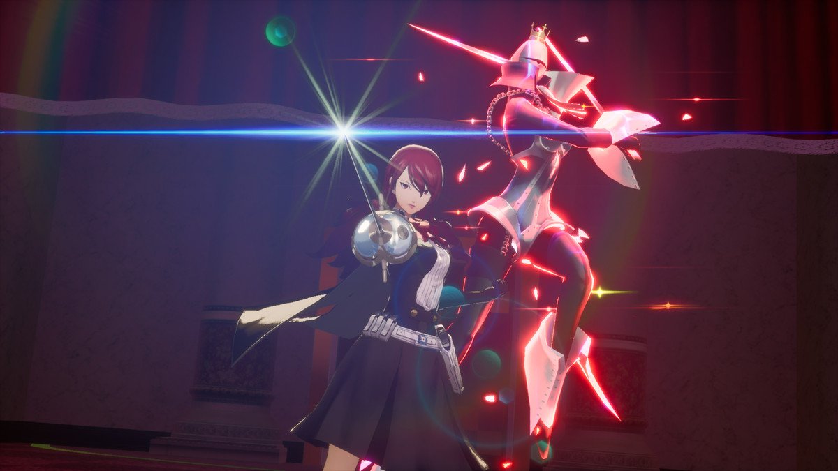 Mitsuru Kirijo brandishes a rapier, with her persona standing behind her, in Persona 3 Reload