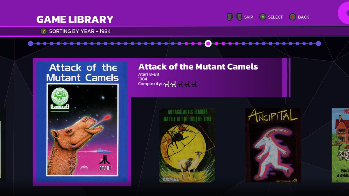 Cover art for Attack of the Mutant Camels in the game library screen of Llamasoft: The Jeff Minter Story