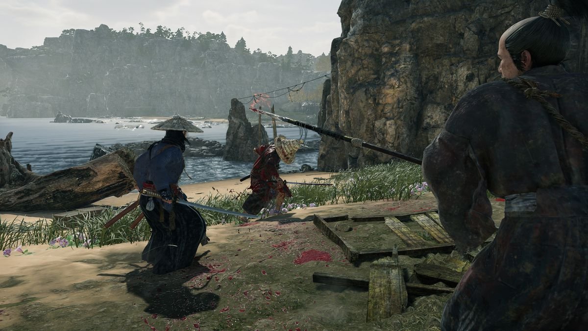 A player facing off against a group of enemies along the shore of a beach.