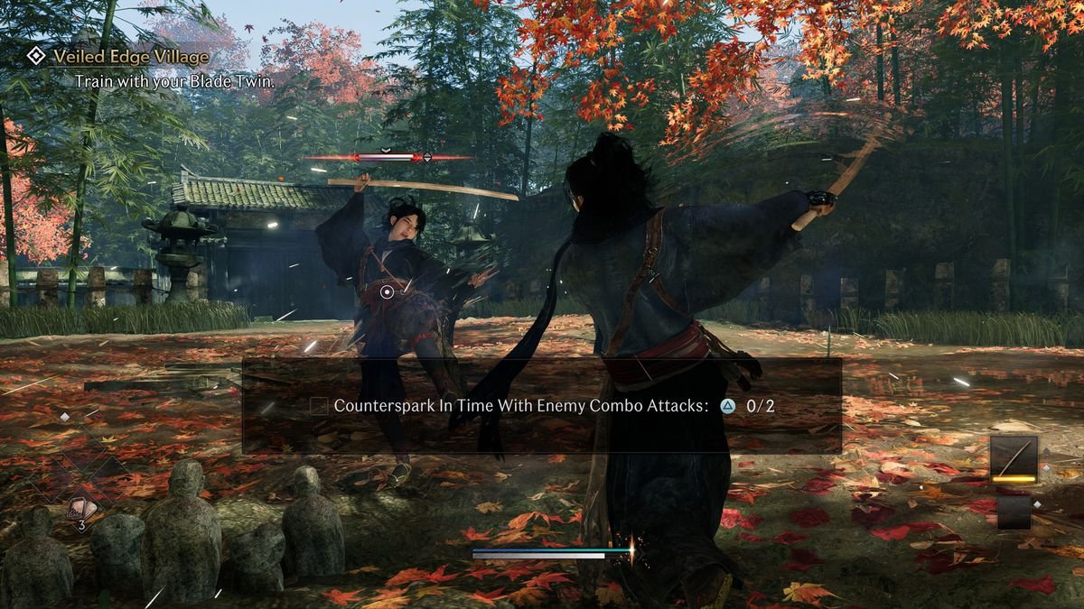 The player executing a counterspark parry against their blade twin during Rise of the Ronin’s tutorial.