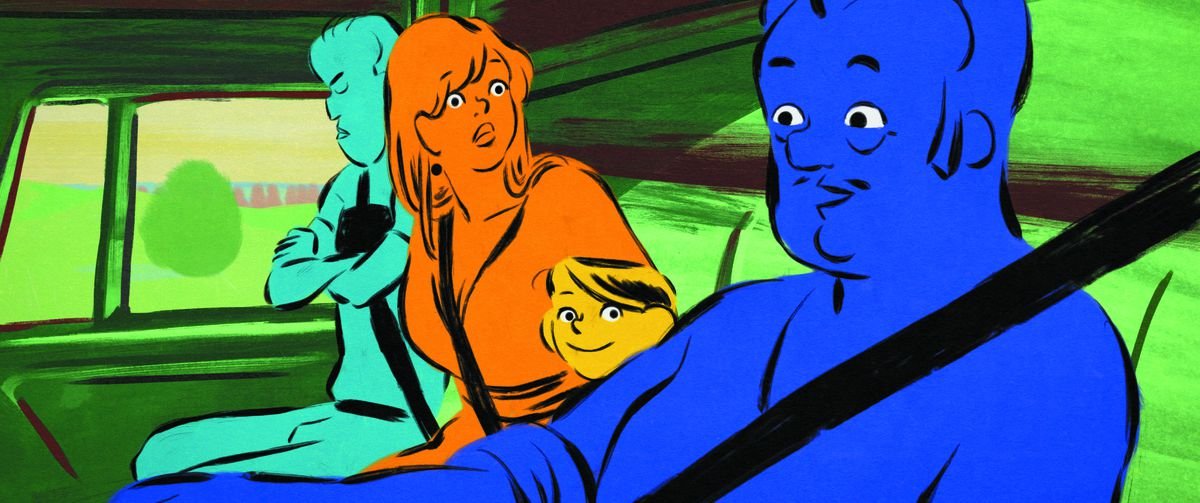 A man rendered in blue drives a truck, while a little yellow girl, an orange woman, and a turquoise man sit in a row