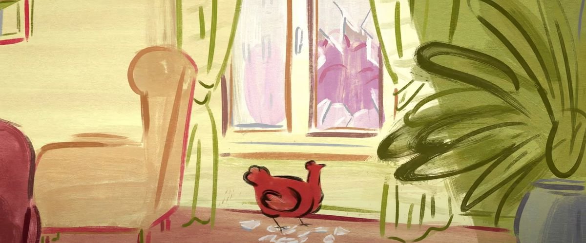 An animated chicken in the middle of an apartment, a shattered glass window right above it