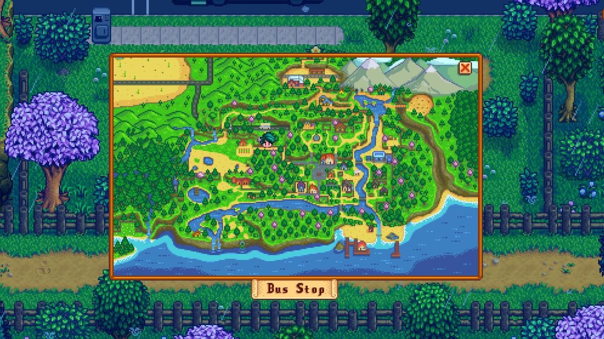 The world map after the Stardew Valley 1.6 update shows the player character near the bus stop.