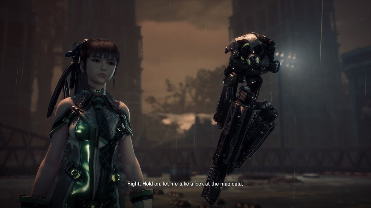 EVE, the protagonist of Stellar Blade (left), looks solemn as her robot companion (right) tells her, “Right. Hold on, let me take a look at the map data.”