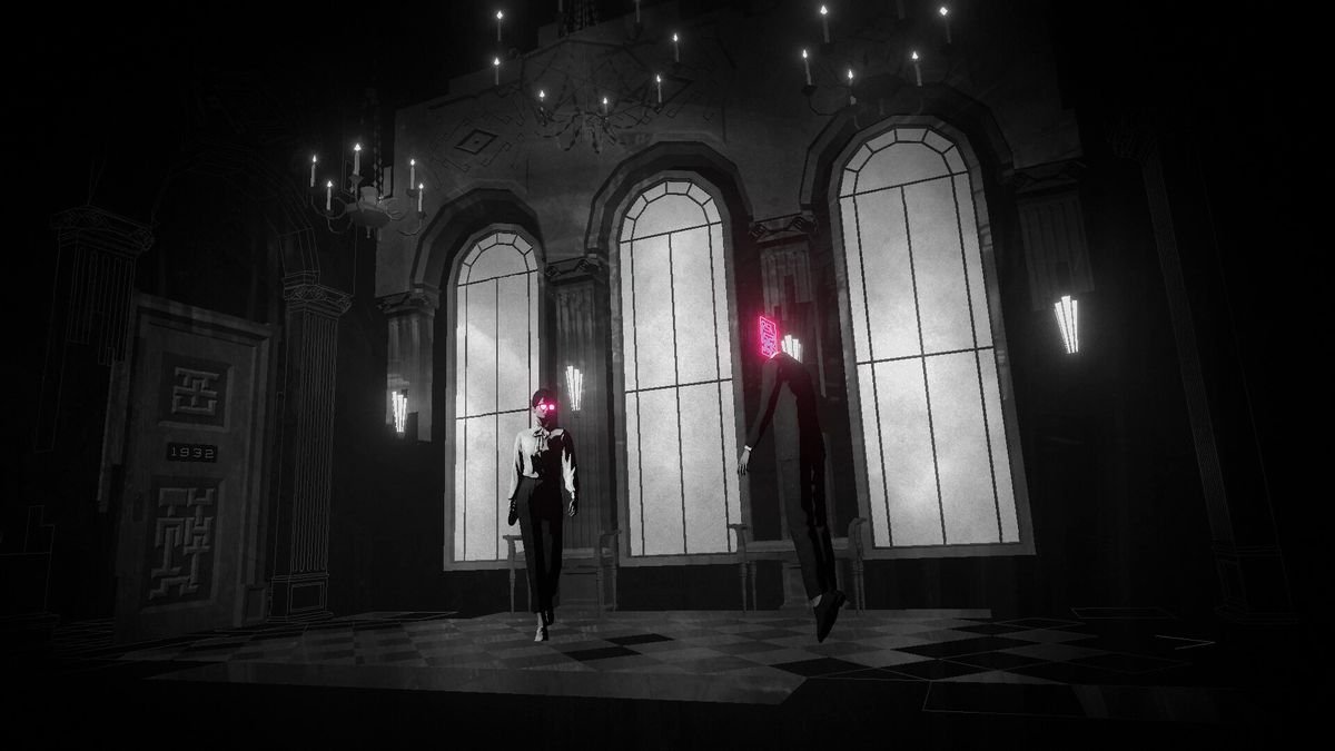 Lorelei and the Laser Eyes screenshot where everything is black and white, except the eyes of a woman standing in front of large windows, and a man with a puzzle for a head.