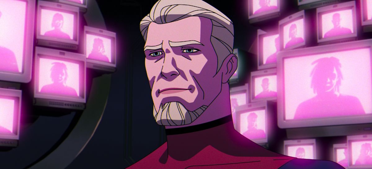 Bastion, a blond guy with a goatee, stands in front of a bunch of pink monitors in X-Men ‘97