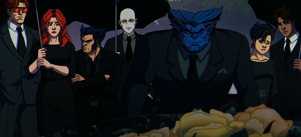 The X-Men stand in funeral attire in front of a casket in X-Men ‘97