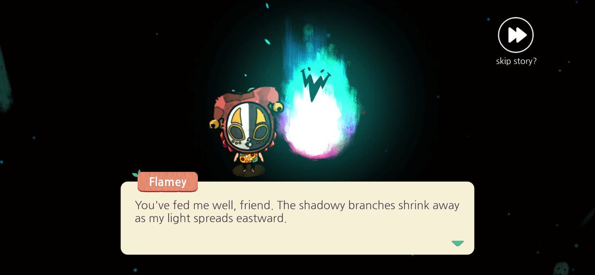 A screenshot from Cozy Grove: Camp Spirit shows Flamey in blue and purple, saying “You’ve fed me well, friend. The shadowy branches shrink away as my light spreads eastward.”