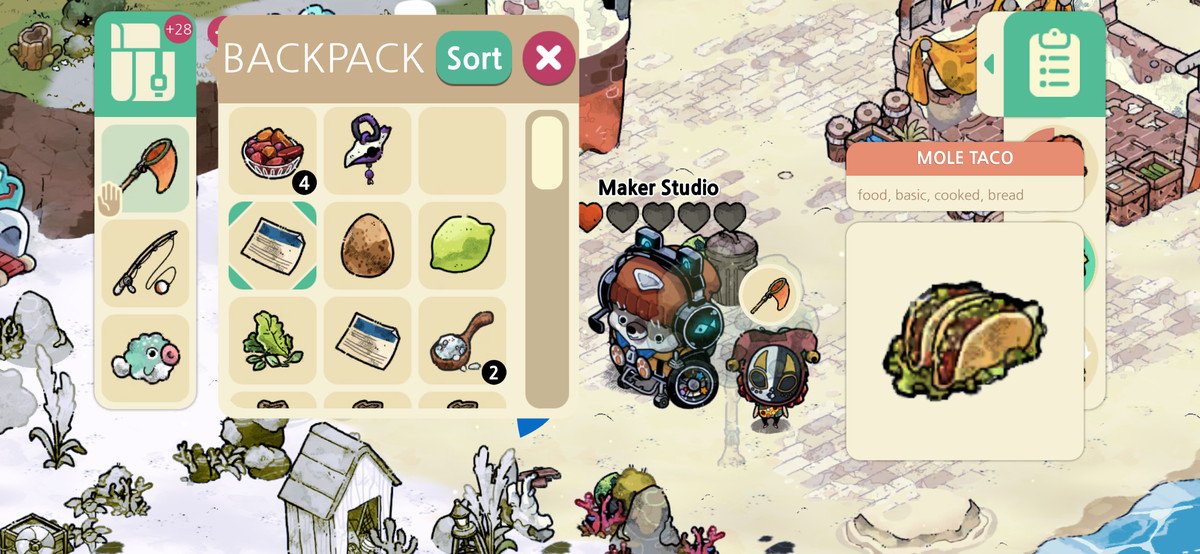 Cozy Grove: Camp Spirit UI shows the backpack open and a mole taco graphic overlapping with the task management bar.