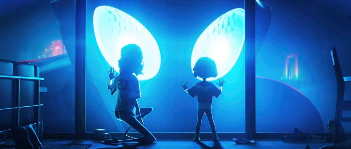 A small child and a woman staring at a gigantic figure with large glowing blue eyes through a window in Ultraman: Rising.