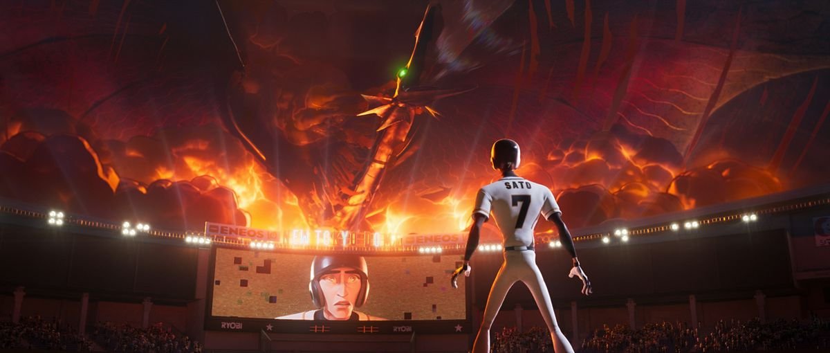 A man in a baseball uniform staring up at a terrifying winged kaiju roaring with flames erupting from the walls of a stadium in Ultraman: Rising.