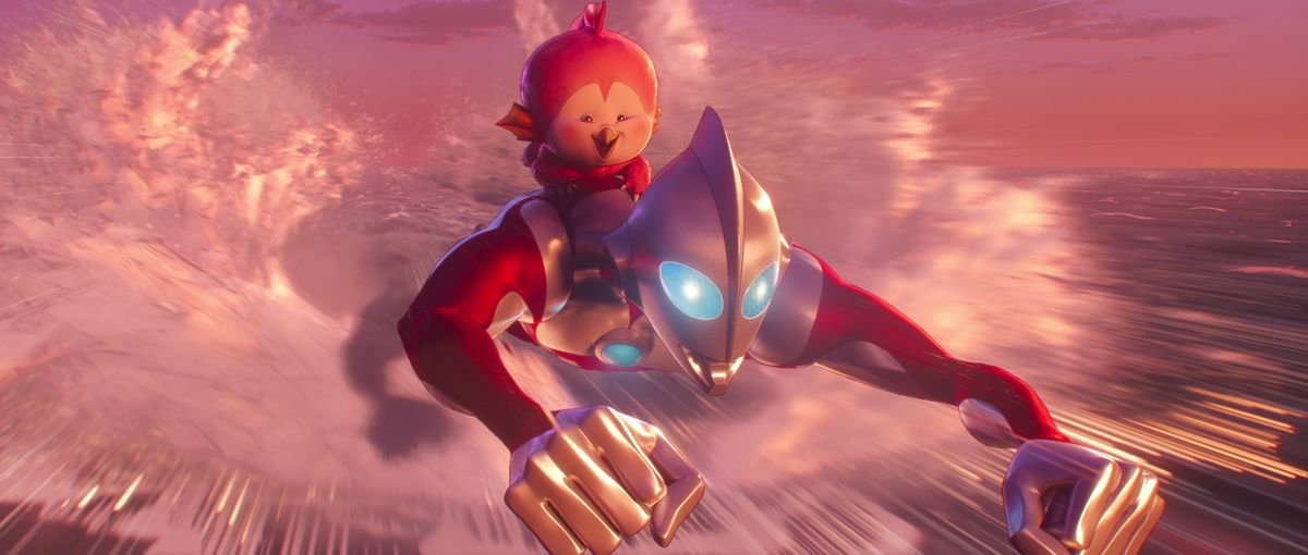 A baby kaiju laughing while riding the back of a silver-and-red anthropomorphic giant flying across the surface of a body of water in Ultraman: Rising.