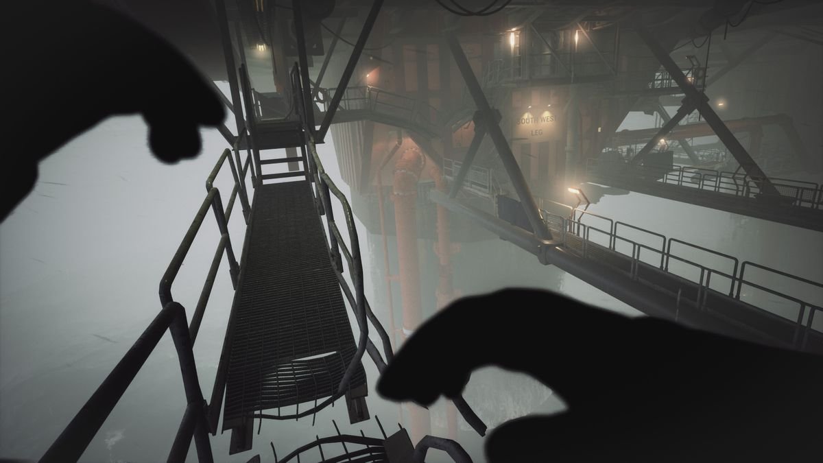 A screenshot from Still Wakes the Deep in the first-person perspective, showing protagonist Caz leaping across the broken wreckage of a metal walkway on the oil rig.