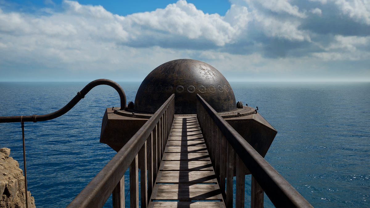 A bridge leading to a dark metal dome adorned with a pattern of round sigils. In the background is a horizon of endless sea, blue sky, and fluffy clouds in Riven (2024). 