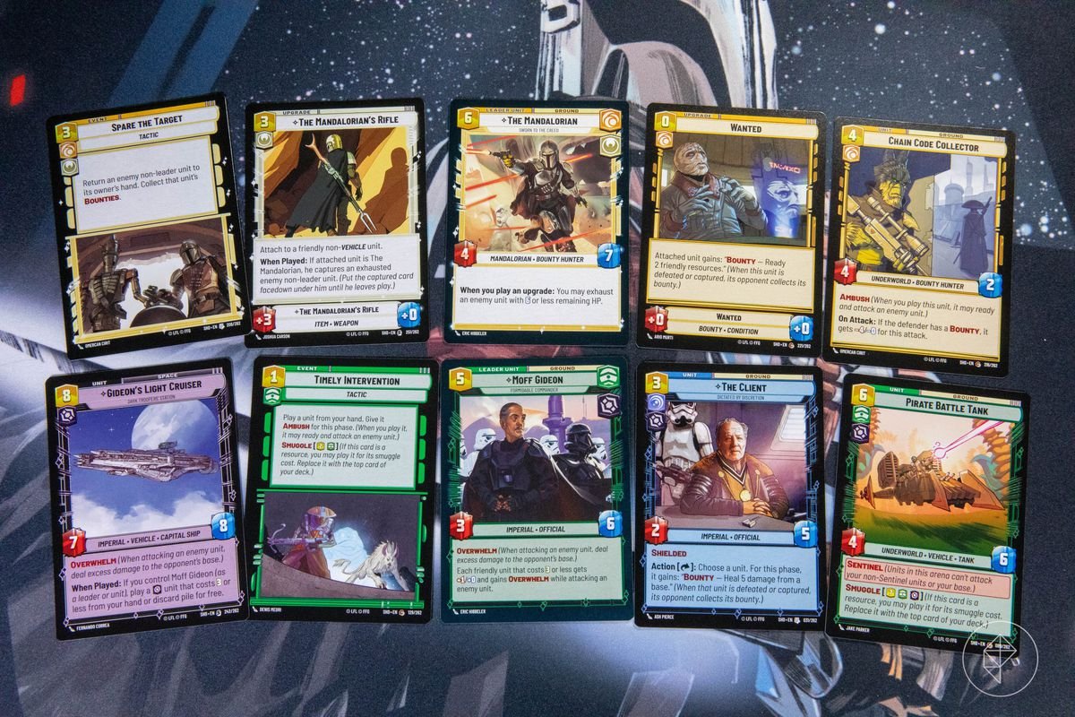 A selection of cards from the two-player starter set of Star Wars: Unlimited’s Shadows of the Galaxy set, including Din Djarin and Moff Gideon.