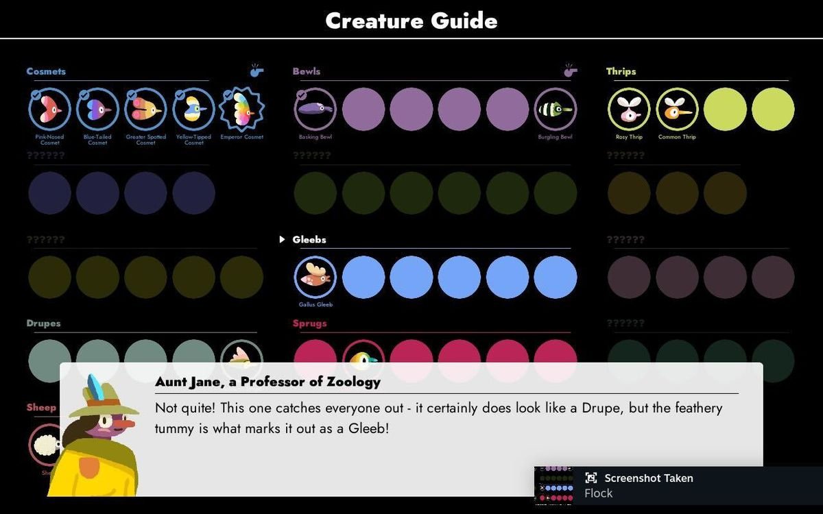 An image of the family selection page where the player must figure out which family their creature belongs to in Flock. The bottom of the screen contains a response from your Aunt Jane, a local researcher.