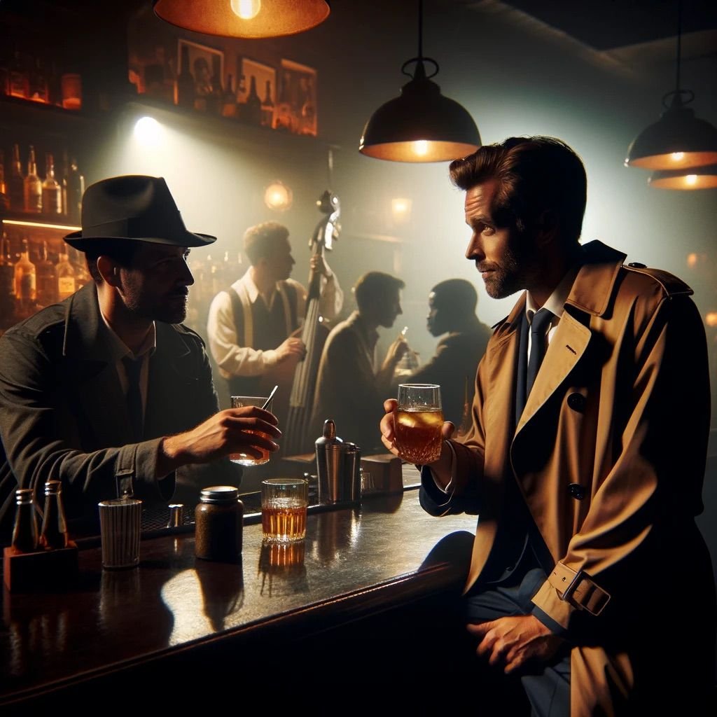 Two men gaze at each other over a bar in a 1920s speakeasy. They drink whisky and a band plays in the background.