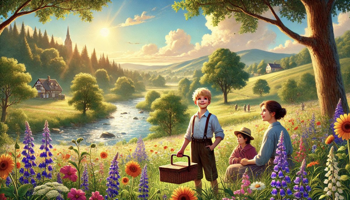 An AI-generated image shows a boy holding a basket staring into the distance. His mother and another child sit nearby. They are in a sunlit valley with a cottage and a river.